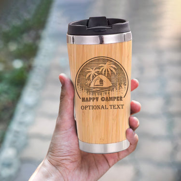 Happy Camper Retro Sunset Personalized 15oz Bamboo Camper Tumbler